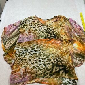 J Valdi Cheetah Top Animal Print Mustard Yellow Pink Butterfly Sleeves V…
